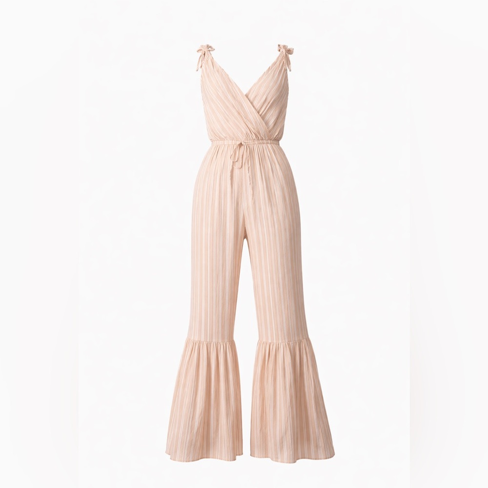 Rue21 Striped Light Beige Tie-Shoulder Wide-Leg Jumpsuit